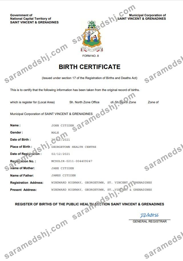 Saint Vincent & Grenadines vital record birth certificate Word and PDF template